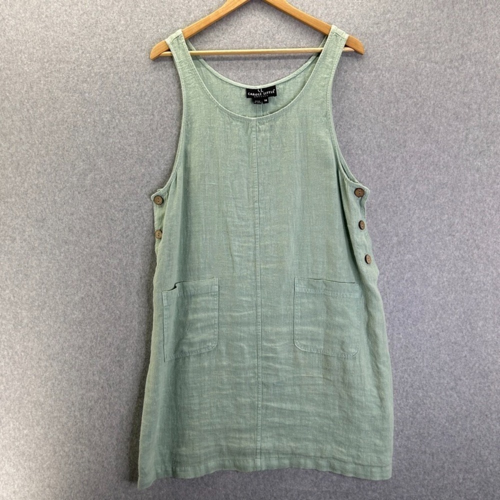 Carole Little Linen Tank Dress Shift Button Side Pastel Green Cottage Vintage 14